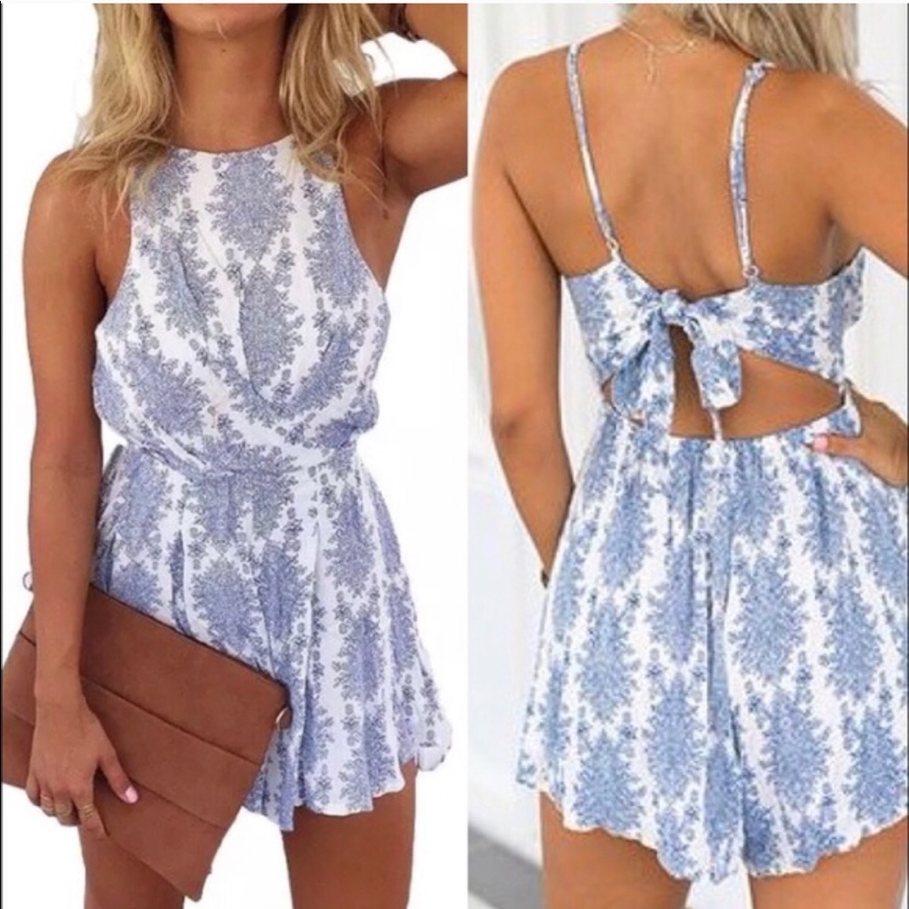Nordstrom White and Blue Paisley Romper